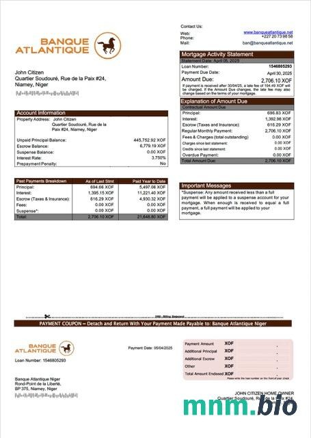 Niger Banque Atlantique Niger wyciąg z kredytu hipotecznego szablon Word i PDF